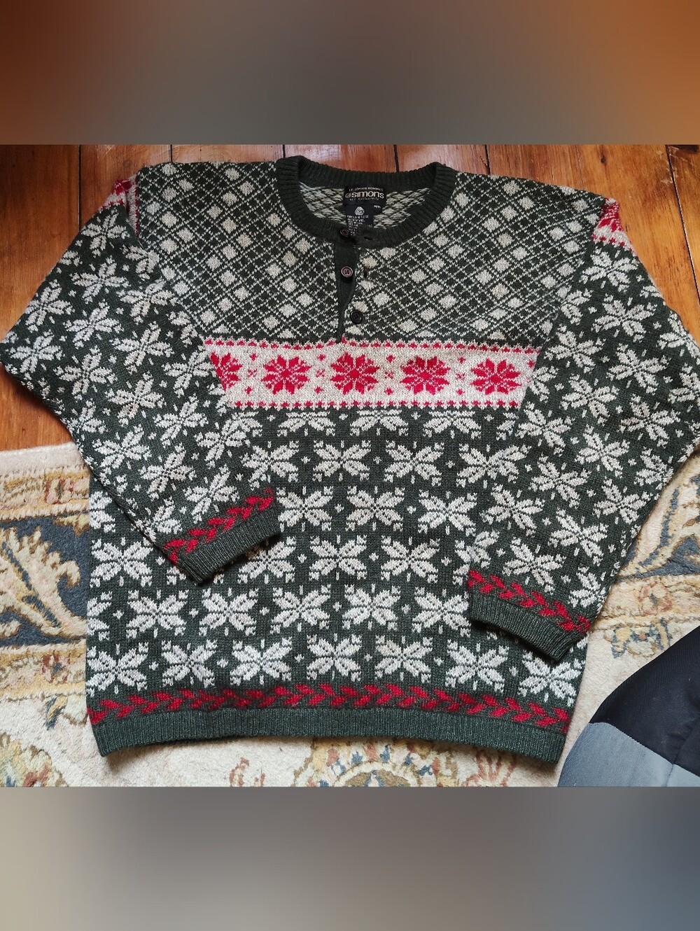 Vintage 100% Shetland Wool Men's Christmas Fair Isle Henley Sweater